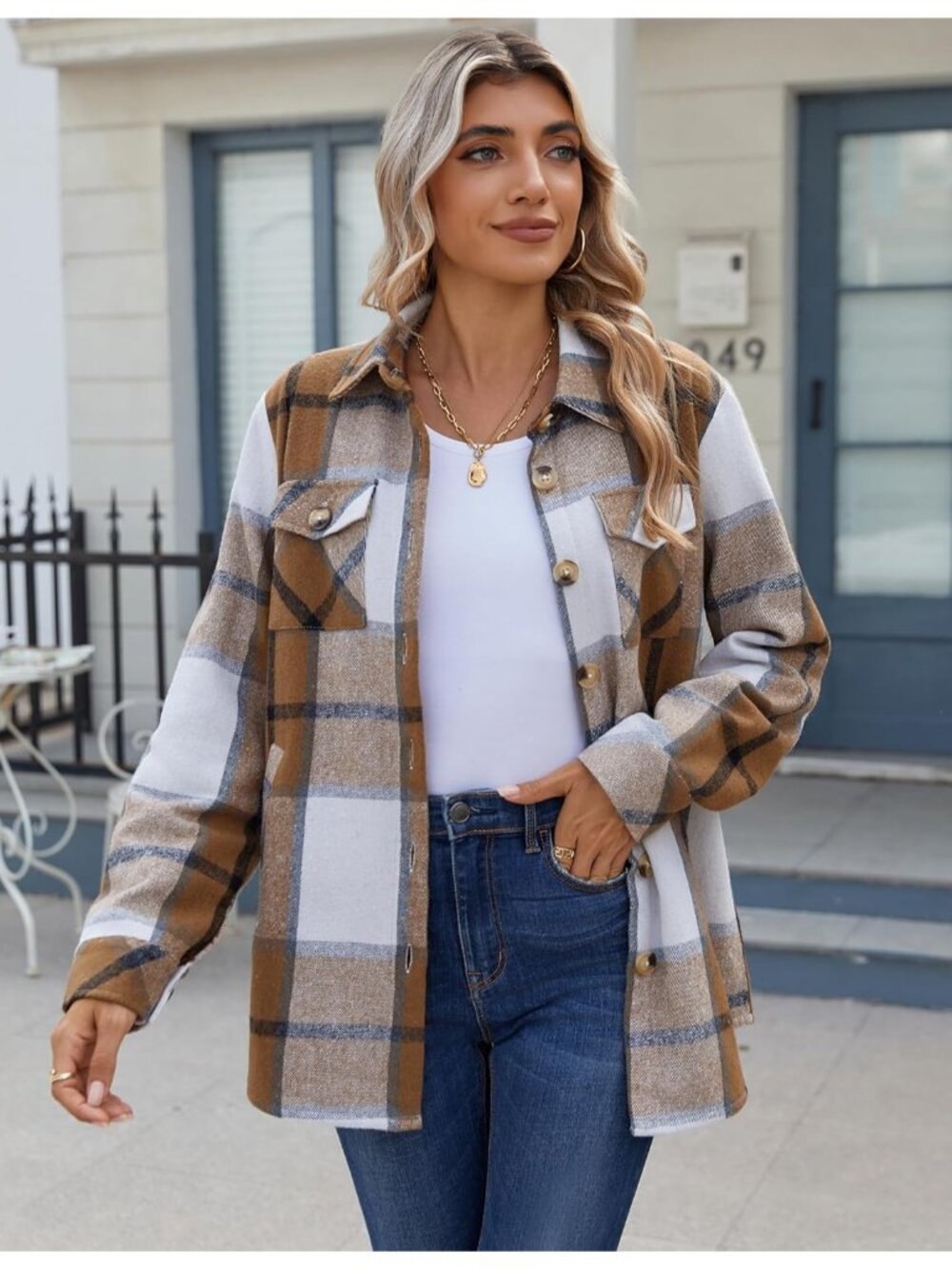 Women's Brown White Sherpa Fleece Lined Winter Plaid Flannel Jacket With pocket - Picture 4 of 6